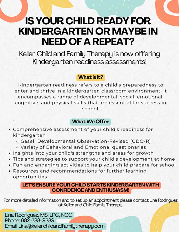 Kindergarten readiness assessment checklist proposed by Keller Child & Family Therapy in Keller